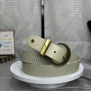 (H) Velez women's belt, size M, cream, perforated, leather, with antique gold